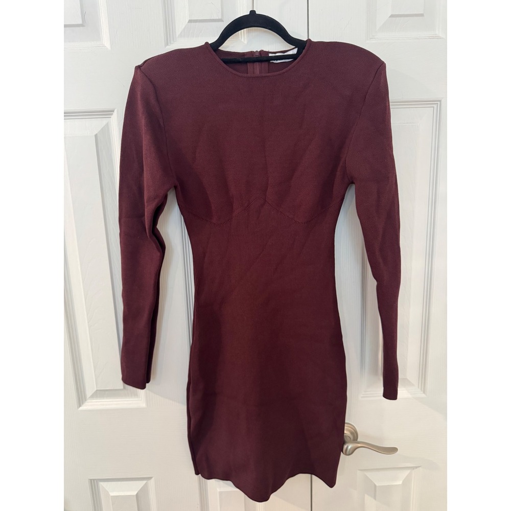 Zara Burgundy Knit Long Sleeve Bodycon Mini Dress Corset Stitching Size Large.